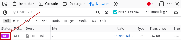 A screenshot of the a browser's 'Network' tab showing the 404 response status.